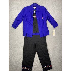 VTG 90s AKC 3pc Pant Set Womens Small Black Blue Linen Blend Floral Casual-Suit
